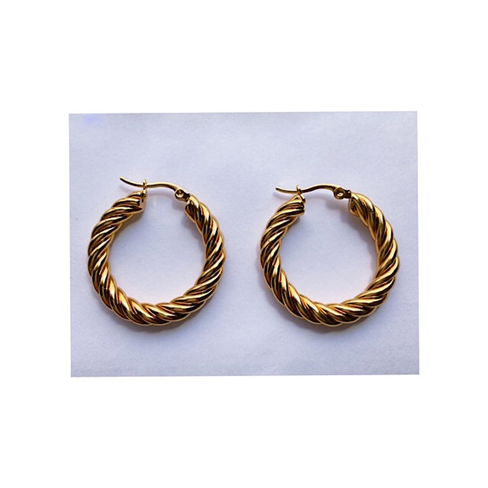 Women Medium Round Twisted Hoop Earrings Gold Tone Stainless Steel 30mm NWOT